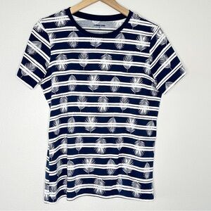 LANDS' END 100% Cotton Made in Peru Sz Small STRIPED Palm Frond Tee Navy White